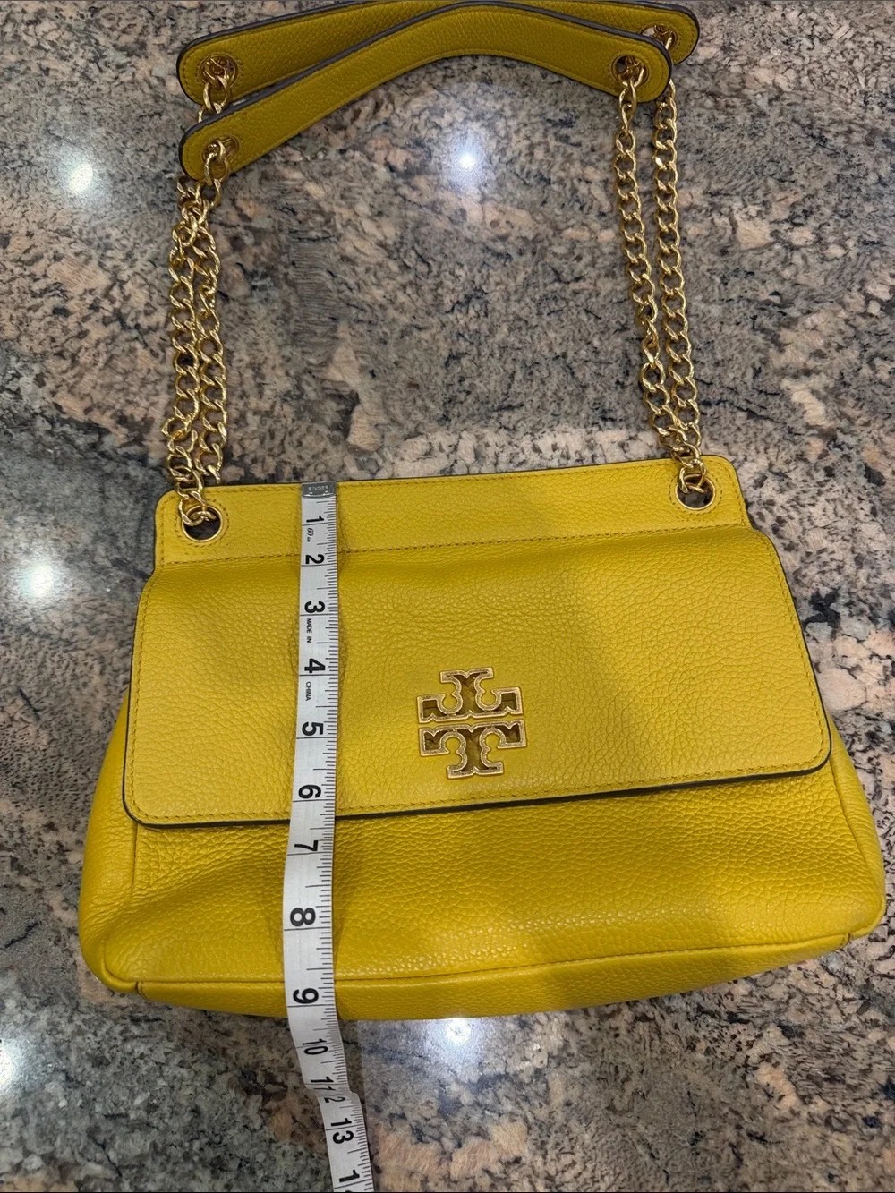 Tory Burch Yellow Pebbled Leather Chain Shoulder Bag with Gold Logo